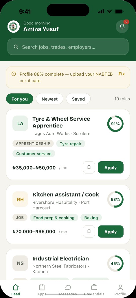 NaSIC mobile app job feed with match scores
