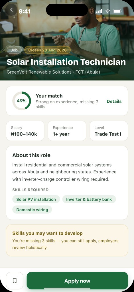 NaSIC mobile app job detail with match breakdown