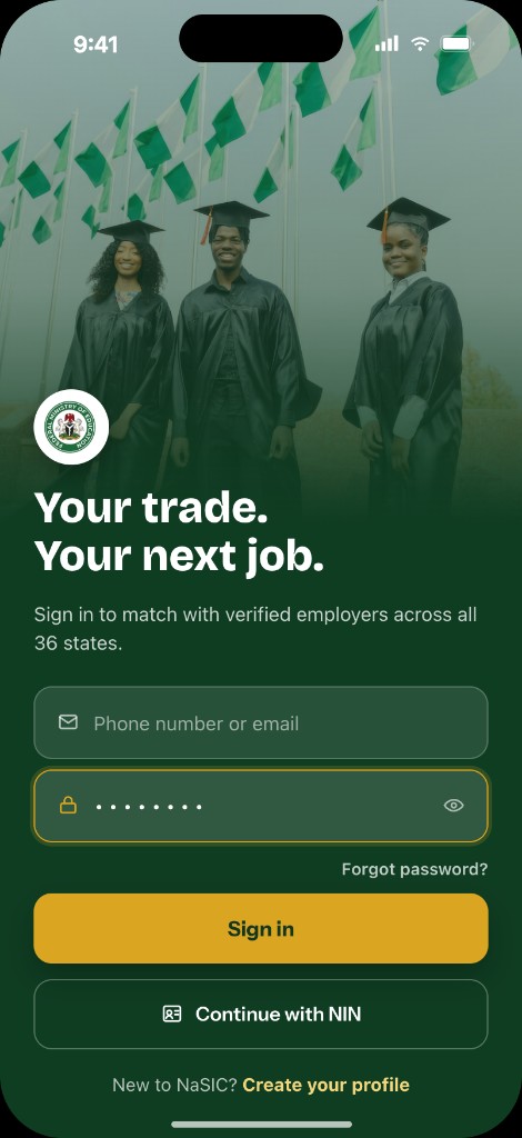 NaSIC mobile app sign-in screen