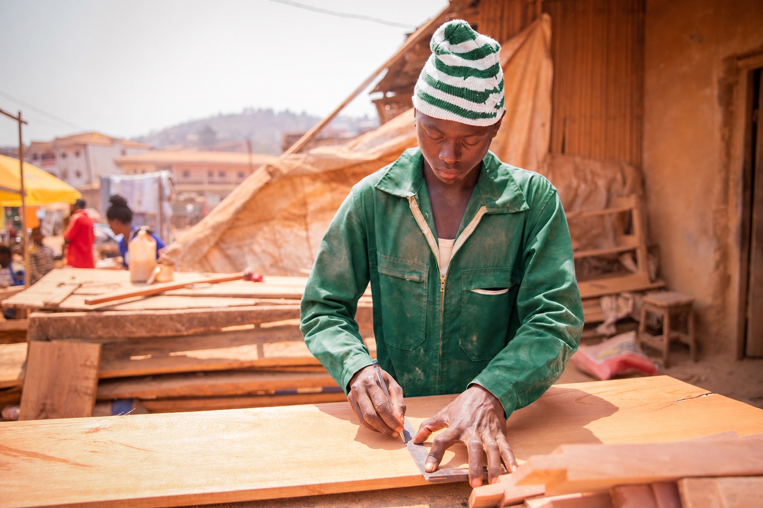 A carpenter marking out a plank at an open-air workshop